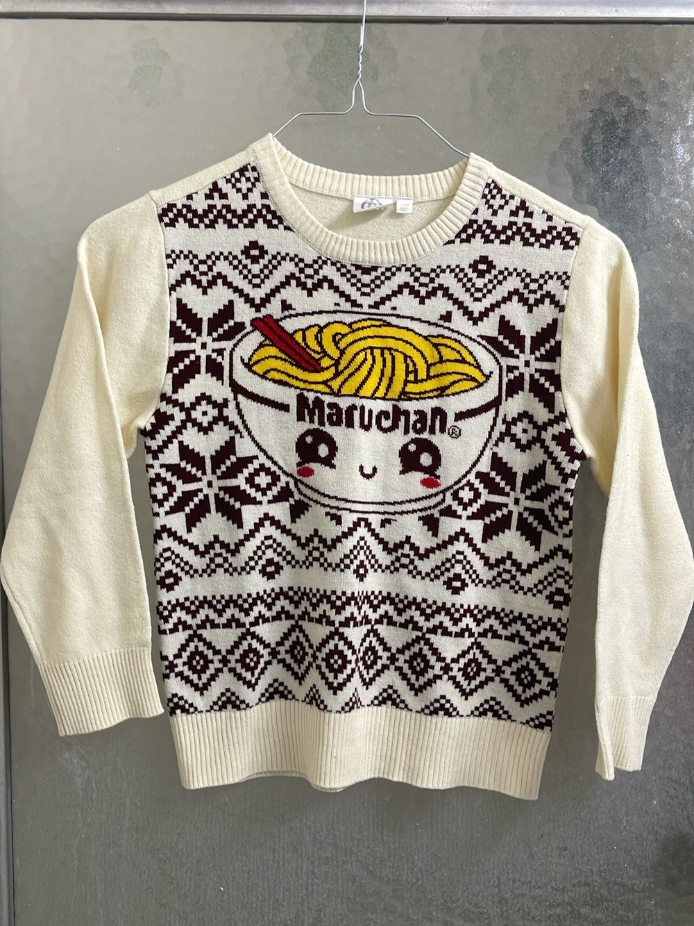 Maruchan Cream Crewneck Ugly Christmas Sweater Noodle Bowl Sz M kids 8Y